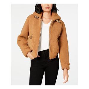 COLLECTIONB Womens Beige Zippered Faux Fur Teddy Bomber Jacket Juniors XL